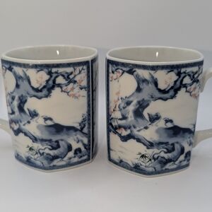 Lot Of 2 Vtg Hexagon Made In Japan Blue White Mugs Tree Birds Cherry Blossom